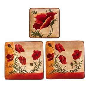 Pier 1 Poppies Plates Set Hand Painted Earthenware 3 Pc Set Red Yellow Cream Tan